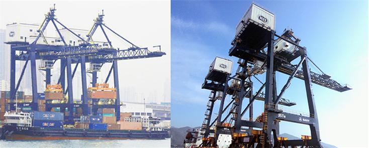 Two barge quay cranes are simultaneously handling a barge in order to speed up the turnaround time